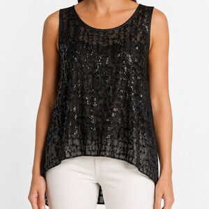 Devlin Black Sheer Sequins Top Size M Sleeveless Round Hi Low Hem Tent Tank